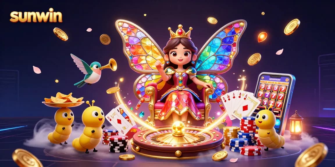 Spin to win at sunwin with a dazzling scene of a butterfly queen and vibrant casino elements.