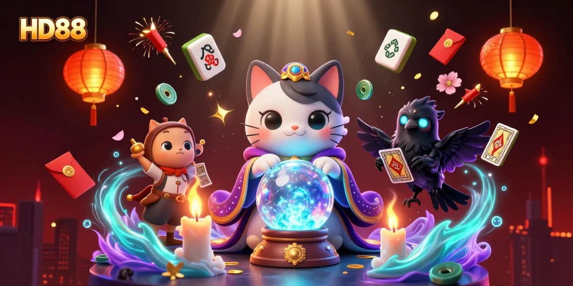 Experience HD88's vibrant casino atmosphere with a mystical cat and raven amidst glowing elements.