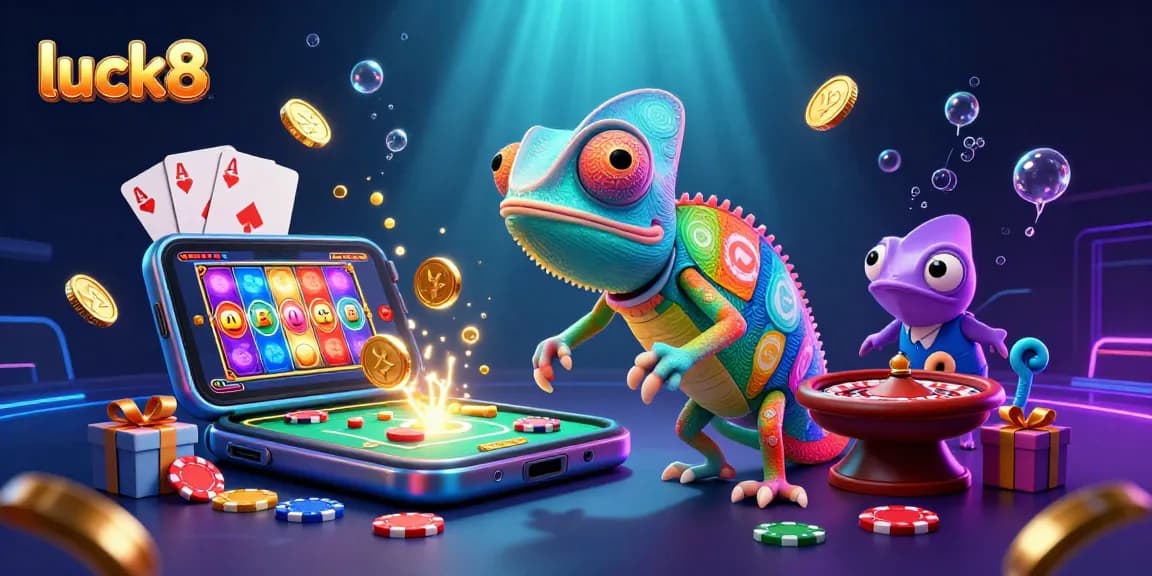 Luck8 chameleon casino owner catching golden coins in a vibrant gaming scene with dynamic elements.