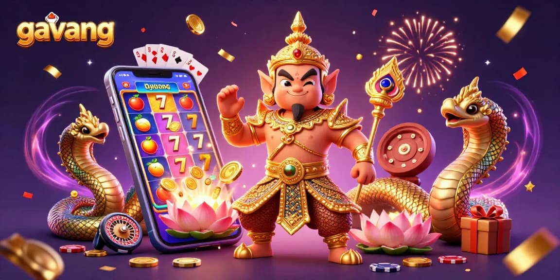 Engage with the vivid 3D scene where gavang showcases playful gaming elements and enthusiastic characters.