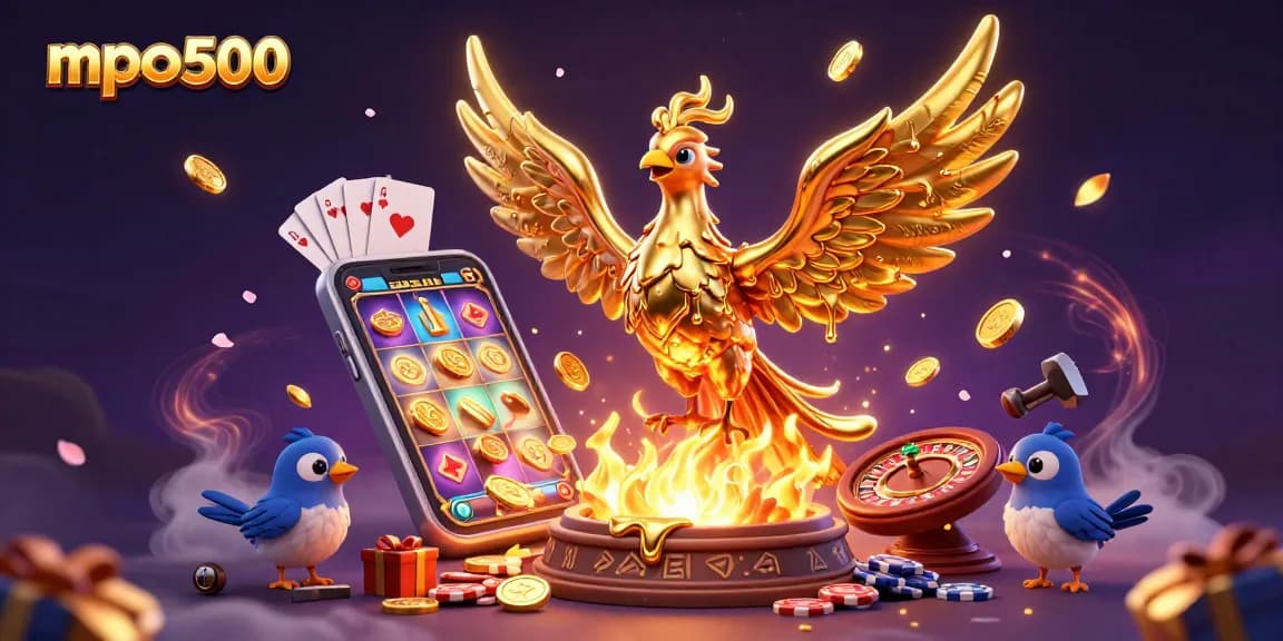 Experience exciting games at mpo500 with a 3D golden phoenix, golden coins, and vibrant casino elements.