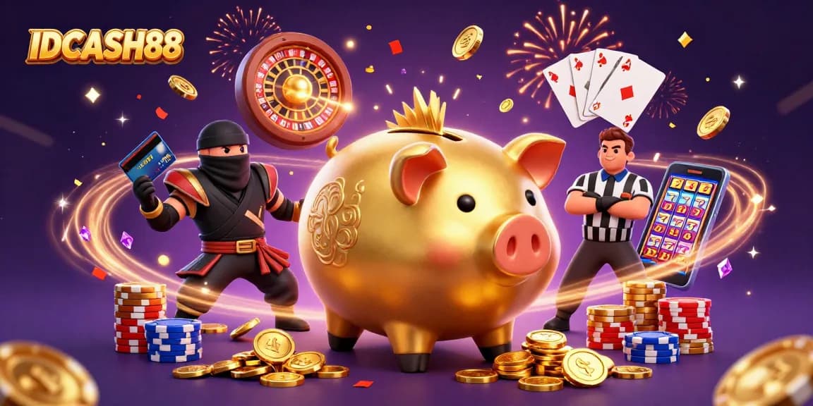 Experience thrilling wins at IDCASH88 with dynamic casino elements and lively characters in the illustration.