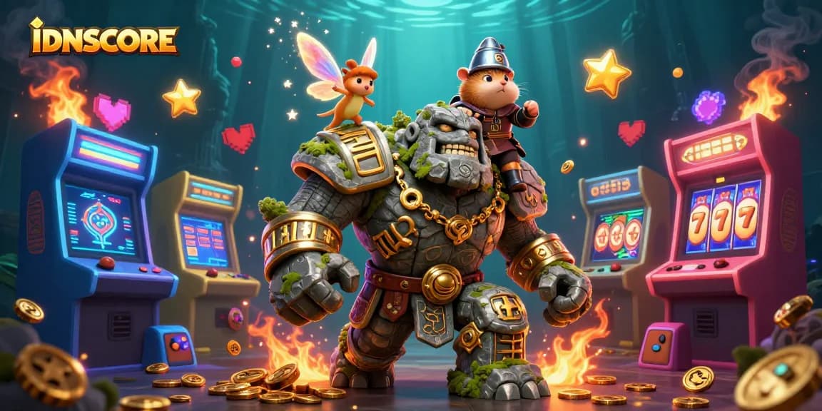 IDNSCORE offers an exciting casino experience with vibrant characters, slot machines, and magical elements in a rich, dynamic scene.