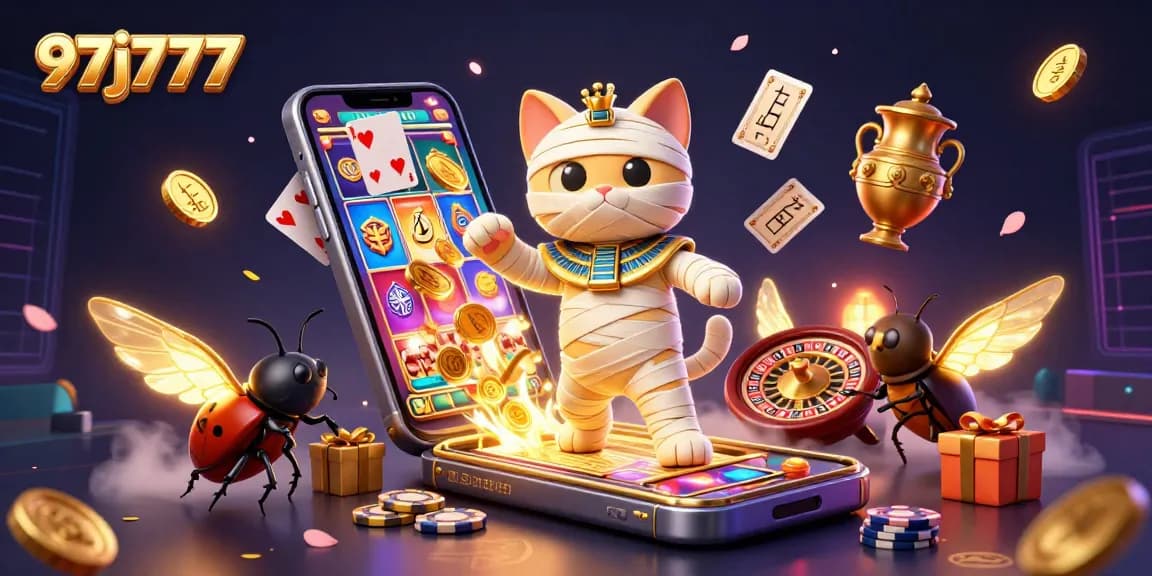 Play exciting slot games with 97j777's Egyptian-themed dynamic 3D casino illustration.