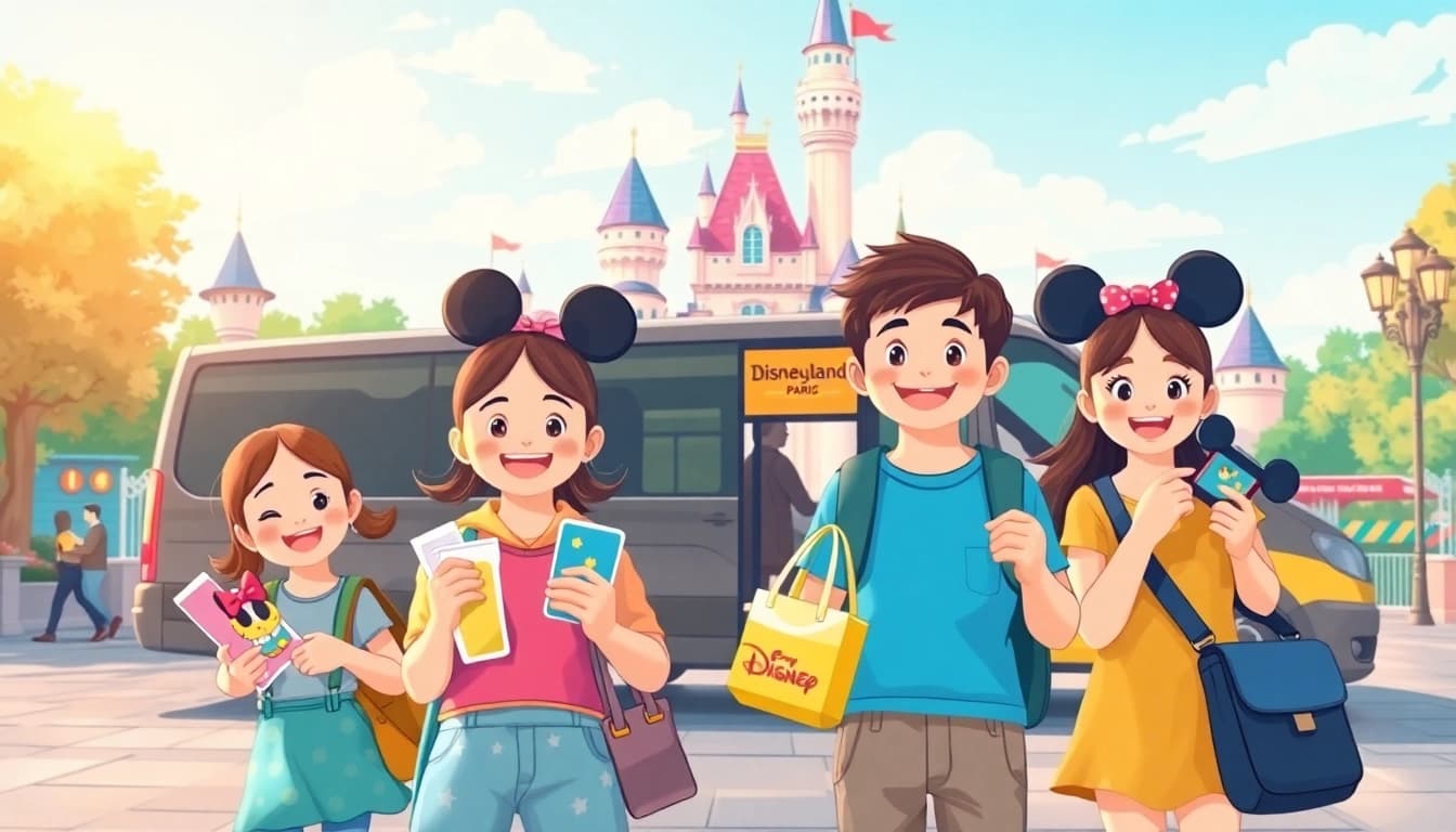 Family eagerly waiting for their disneyland paris transfer at the gates of the magical park.