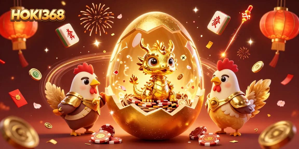 Experience the dazzling game atmosphere of HOKI368 with a golden dragon, poker chips, and festive decor.