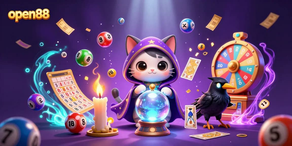 Experience exciting gameplay at open88 with a mystical cat, glowing raven, and vibrant gaming elements.