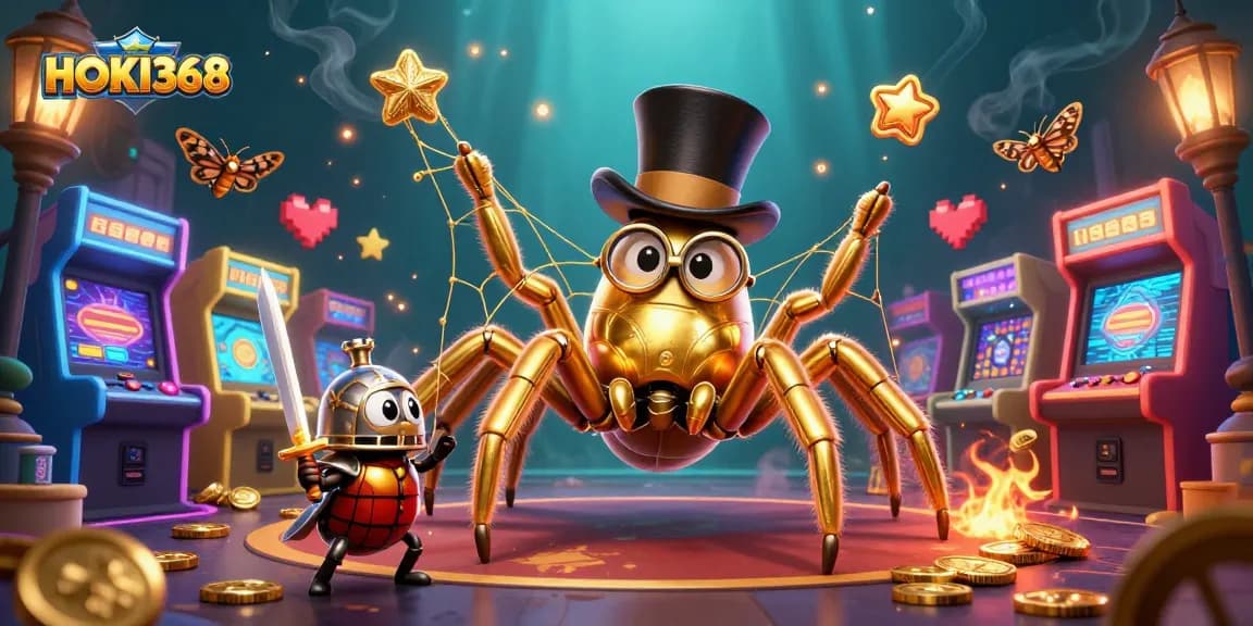 Experience the magic of HOKI368 as a golden tarantula weaves a web of luck amidst glowing games.