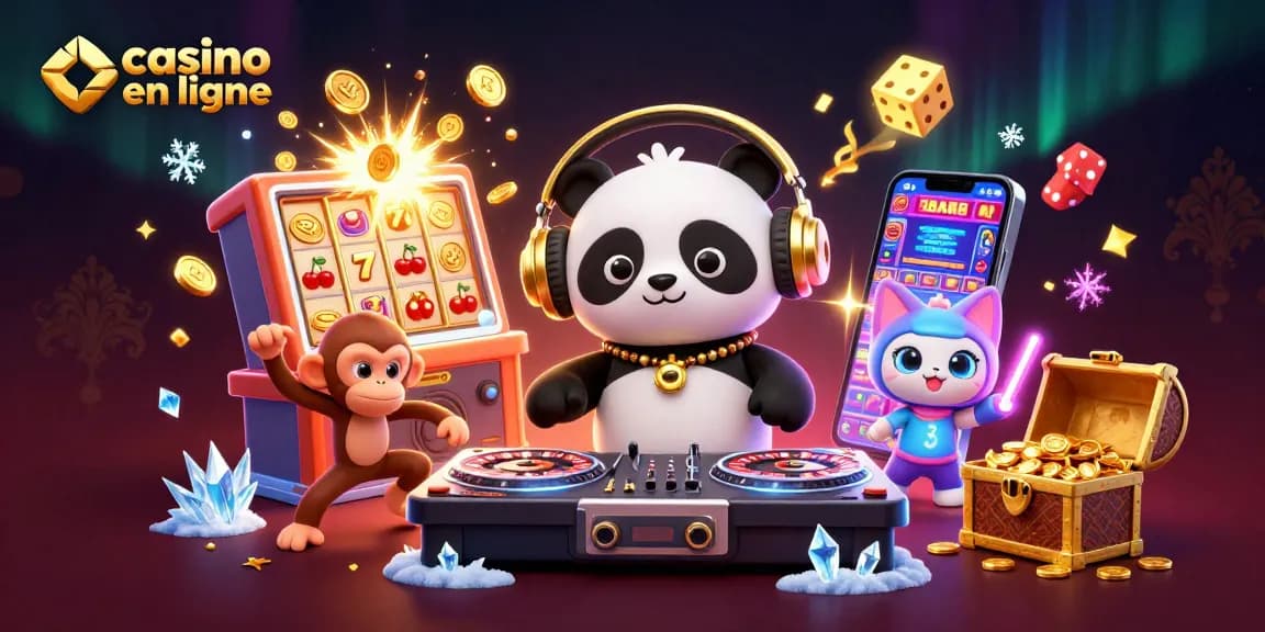 Faites vibrer le casino en ligne avec un DJ panda, un singe danseur et un chat au rave, entourés de cagnottes et de symboles chanceux.
