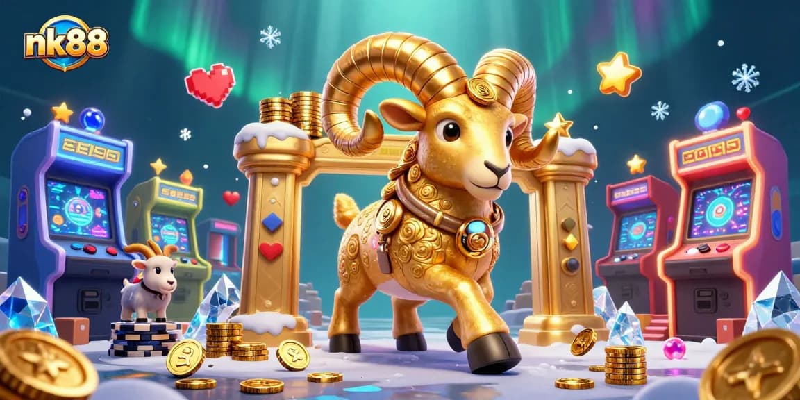 Experience thrilling action with nk88: Join the massive golden ram charging through a colorful casino arcade.