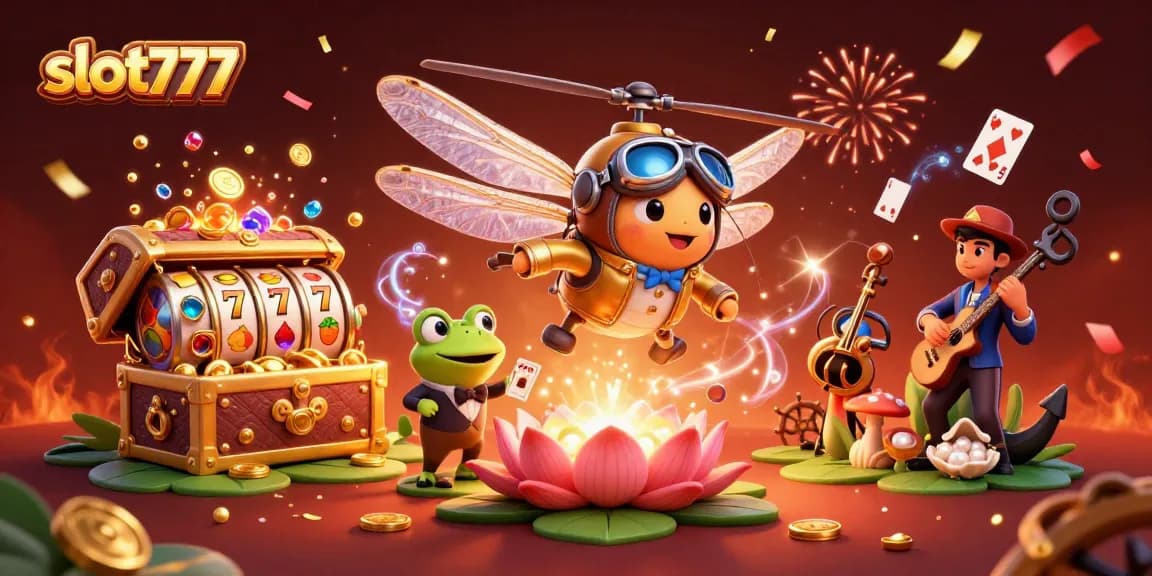 Experience excitement with slot777, as a dragonfly pilot oversees a vibrant lily pad casino scene.