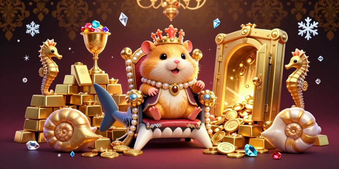 Experience the excitement of luongsontv with a golden hamster king on a megalodon throne amidst a treasure-filled underwater scene.