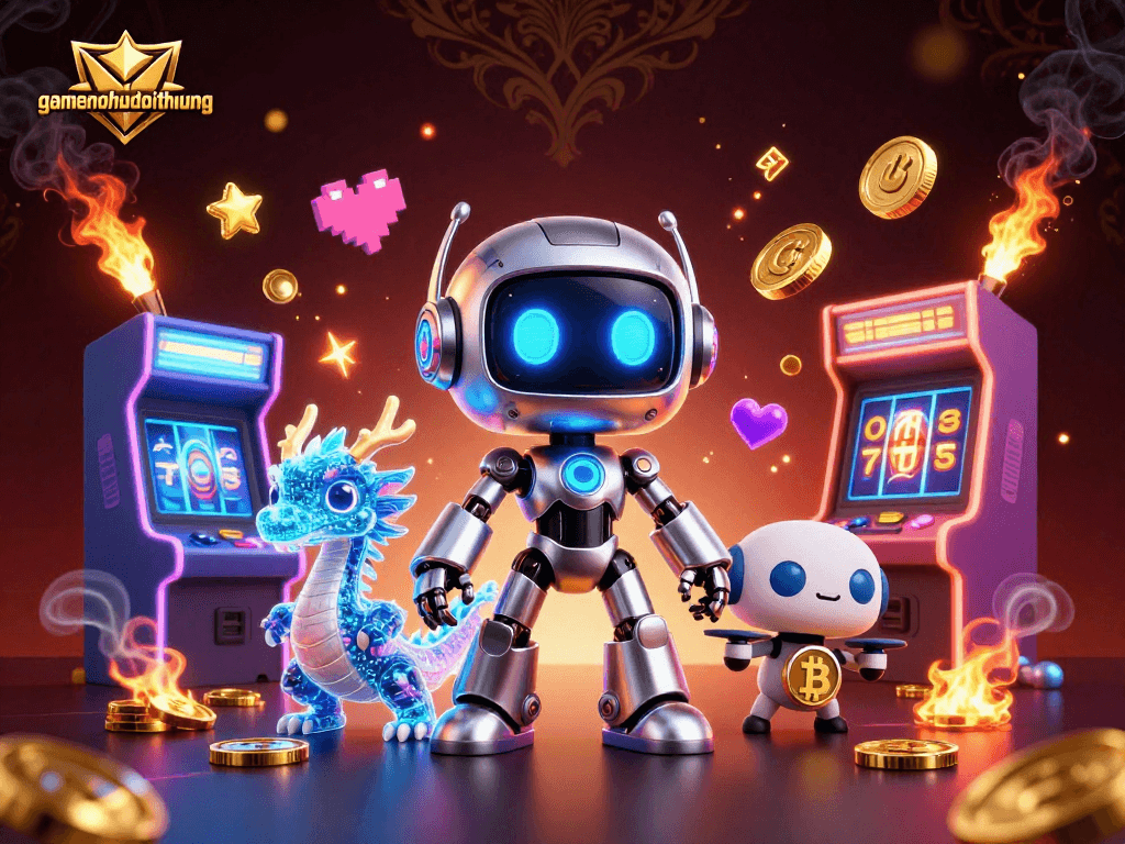 Engage with gamenohudoithuong in a vibrant 3D casino scene featuring jackpots and game characters.