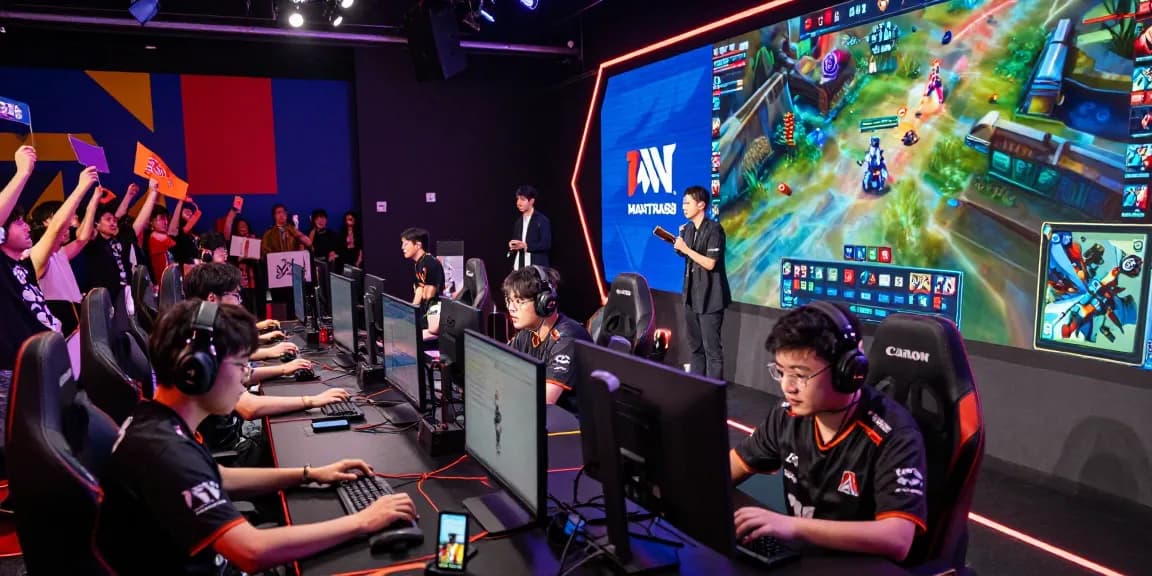 Live esports arena showcasing mantra88 league match with diverse gamers engaged and spectators cheering.