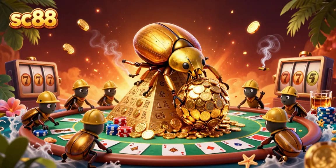 Experience thrilling gameplay with sc88, featuring a golden beetle rolling coins amidst poker and slot elements.