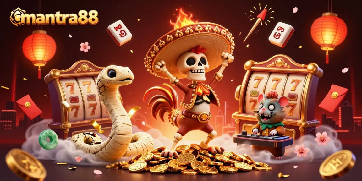 Experience the excitement with mantra88 as a cartoon skeleton mariachi rooster and friends celebrate on golden coins.