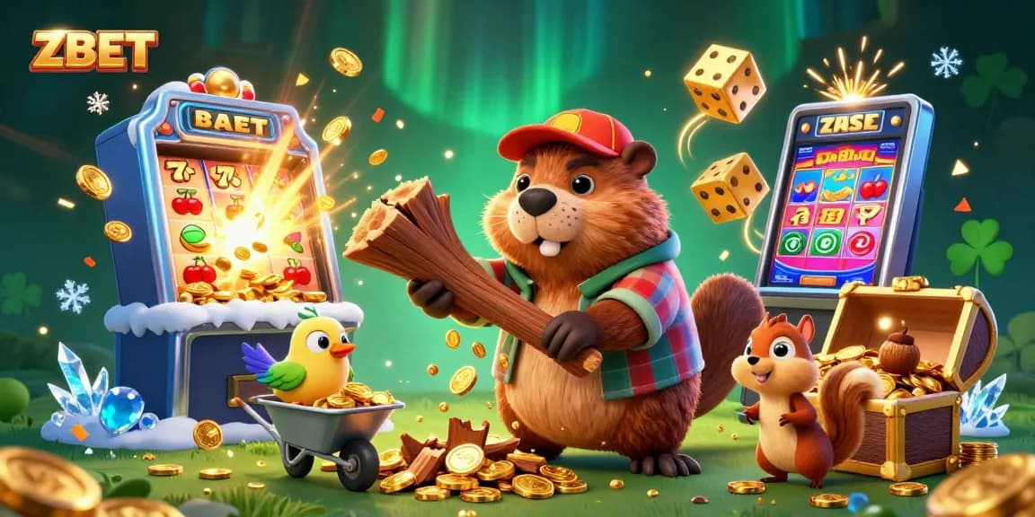 ZBET showcases a vibrant casino scene featuring a beaver, bird, and squirrel celebrating winnings with slot machine and gold