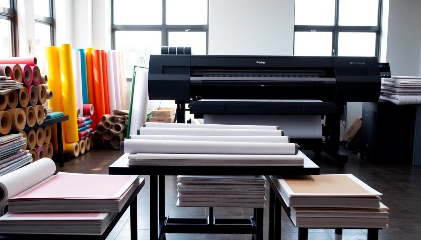 Print materials being produced in an edmonton print shop with vibrant colors and modern equipment.