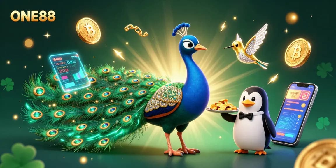 Experience ONE88's vibrant gaming world featuring a peacock, penguin, and hummigbird amidst glowing cryptocurrencies and rich casino elements.