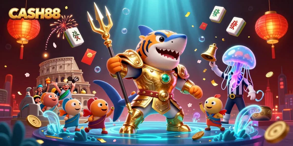 CASH88 features a dynamic underwater colosseum scene with a tiger shark and magical casino elements.
