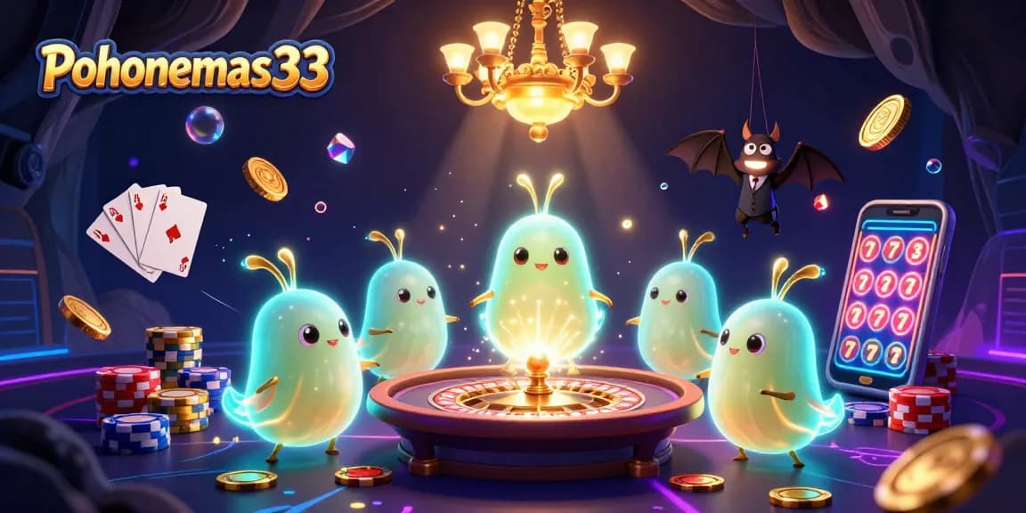 Pohonemas33 casino scene showcasing a bat dealer, animated glowworms, and vibrant slots excitement.