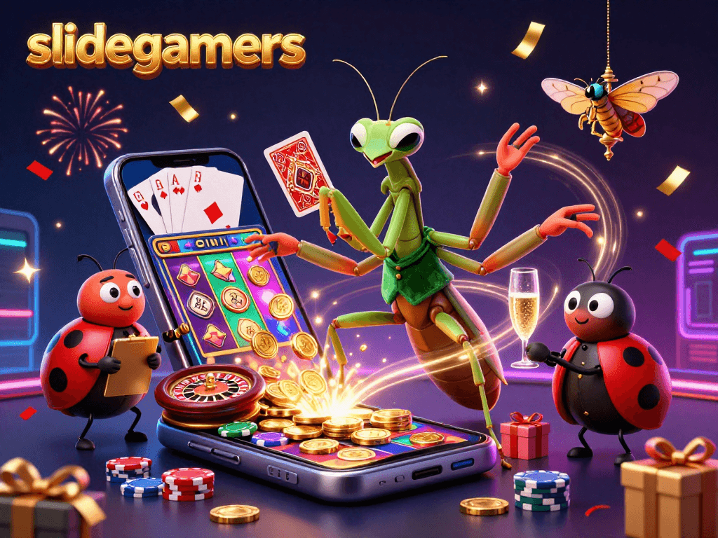 Experience thrilling moments on slidegamers with a vibrant scene of gambling action in a colorful casino setting.