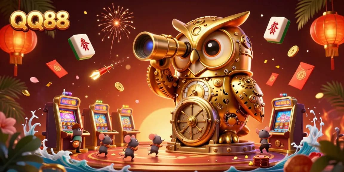 Experience QQ88’s vibrant casino atmosphere with dynamic gaming elements and colorful characters.