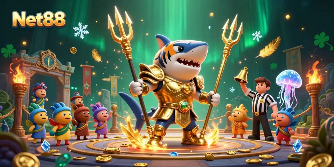 Net88 casino scene with a gladiator shark and cheering fish, vibrant and detailed underwater colosseum
