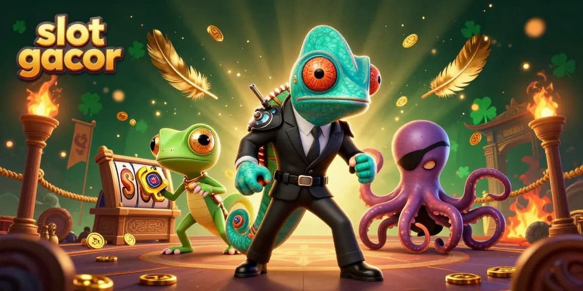 Engage with slot gacor games featuring dynamic characters and thrilling elements in a vibrant casino illustration.