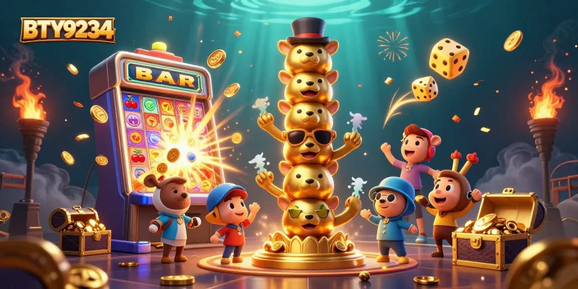 Engage with thrilling casino adventures at BTY9234 featuring vibrant slot machines and animated totems.