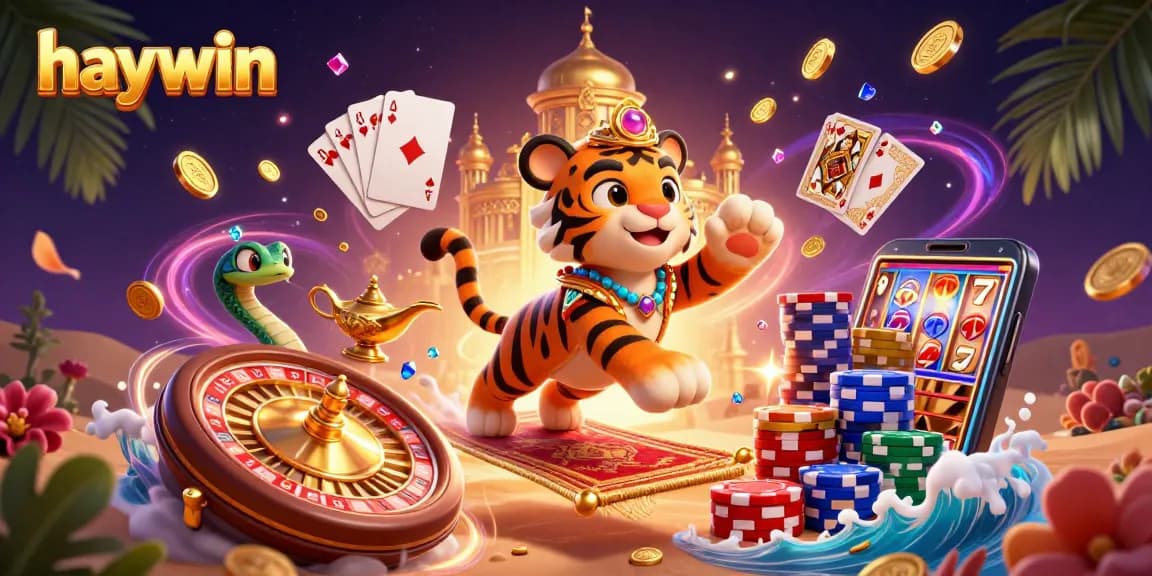 Experience the excitement of haywin with a tiger sultan on a poker chip carpet amidst a magical casino scene.