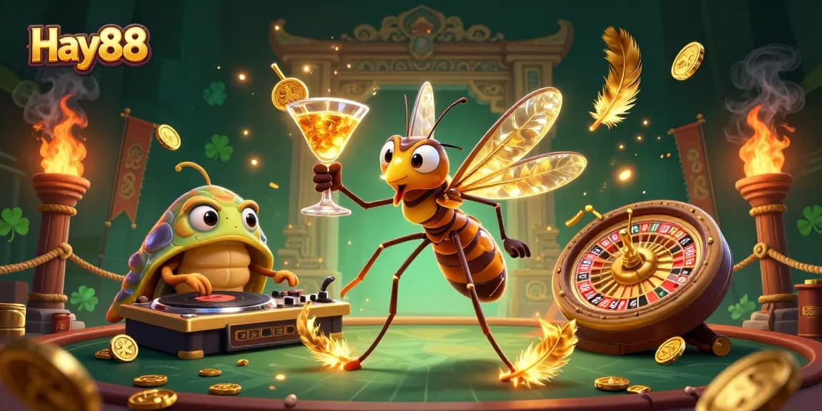 Hay88 brings the casino to life with a frozen mosquito mascot and a trilobite DJ surrounded by golden elements.