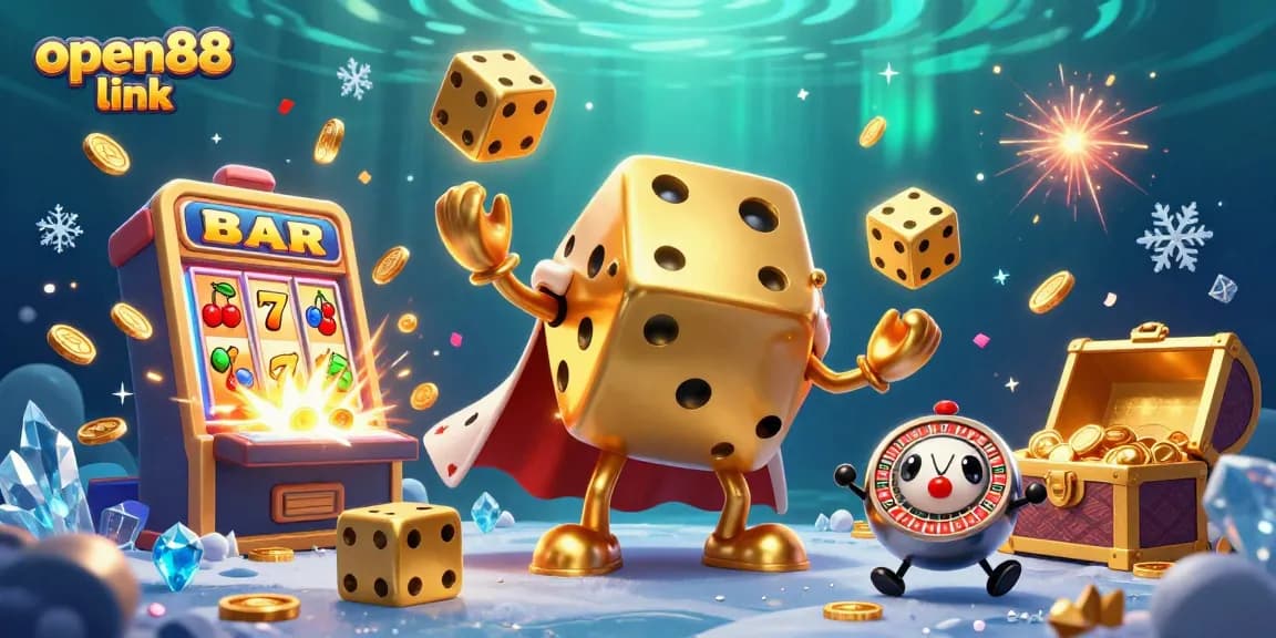 Engage with exciting games at open88 link, featuring a dynamic casino scene with golden dice and jackpot elements.