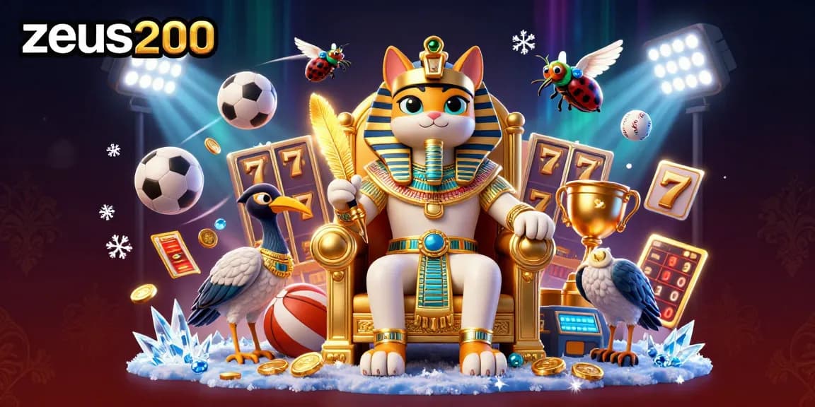 Permainan slot dengan zeus200 di pusat, karakter kucing firaun dengan elemen emas, menggairahkan pengalaman judi.