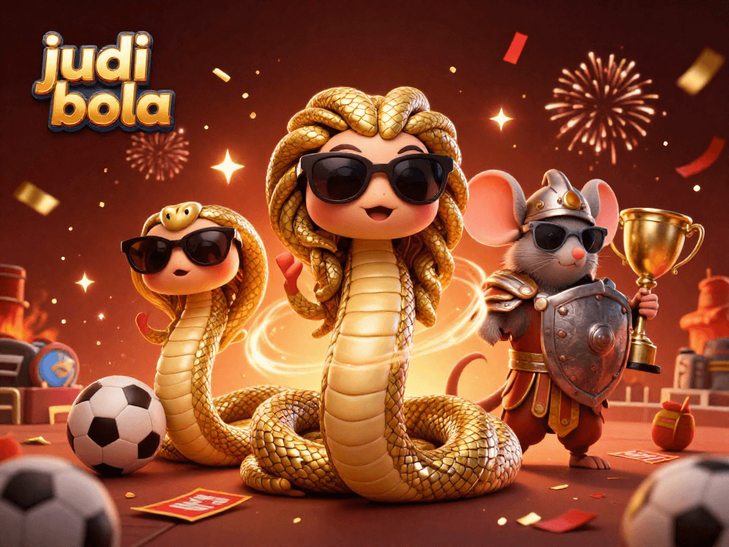 Experience judi bola excitement with charming Medusa and a warrior mouse in a vibrant sports betting scene.