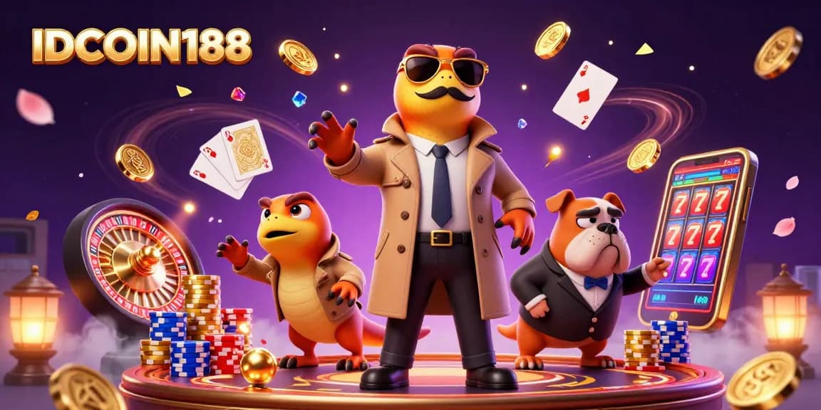 Experience thrilling action with IDCOIN188 in this vibrant casino scene featuring playful raptors and rich gaming elements.