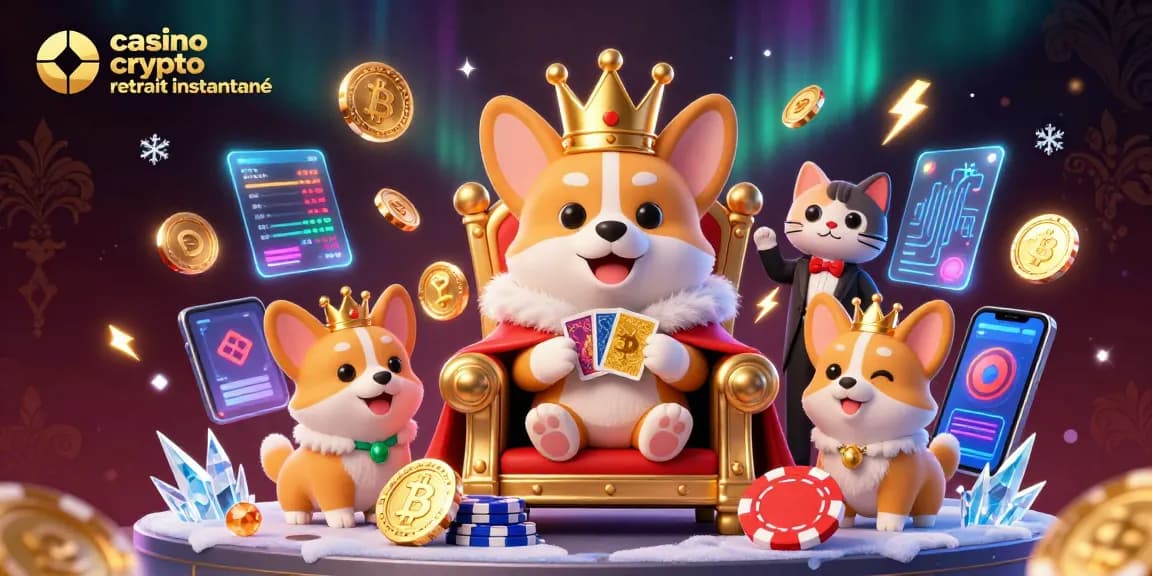 Illustration 3D d'un casino crypto retrait instantané avec des corgis royaux et des éléments de blockchain.