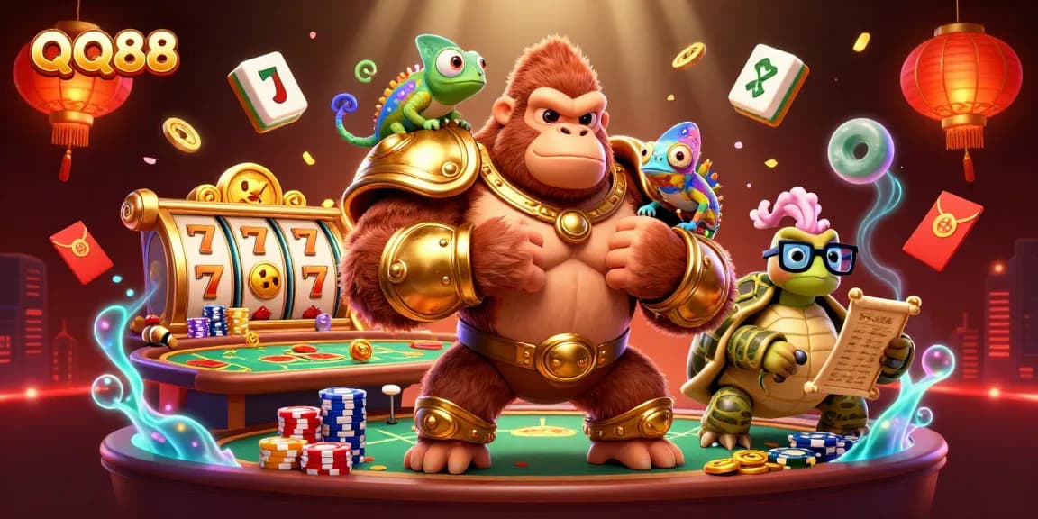 Experience winning strategies with QQ88, featuring a dynamic scene of a powerful gorilla king and vibrant casino elements.