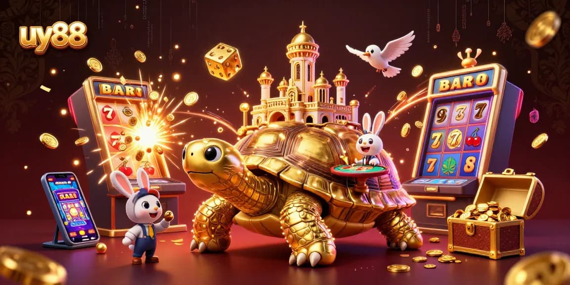 Experience the excitement of uy88 with a golden tortoise casino under a jackpot explosion.