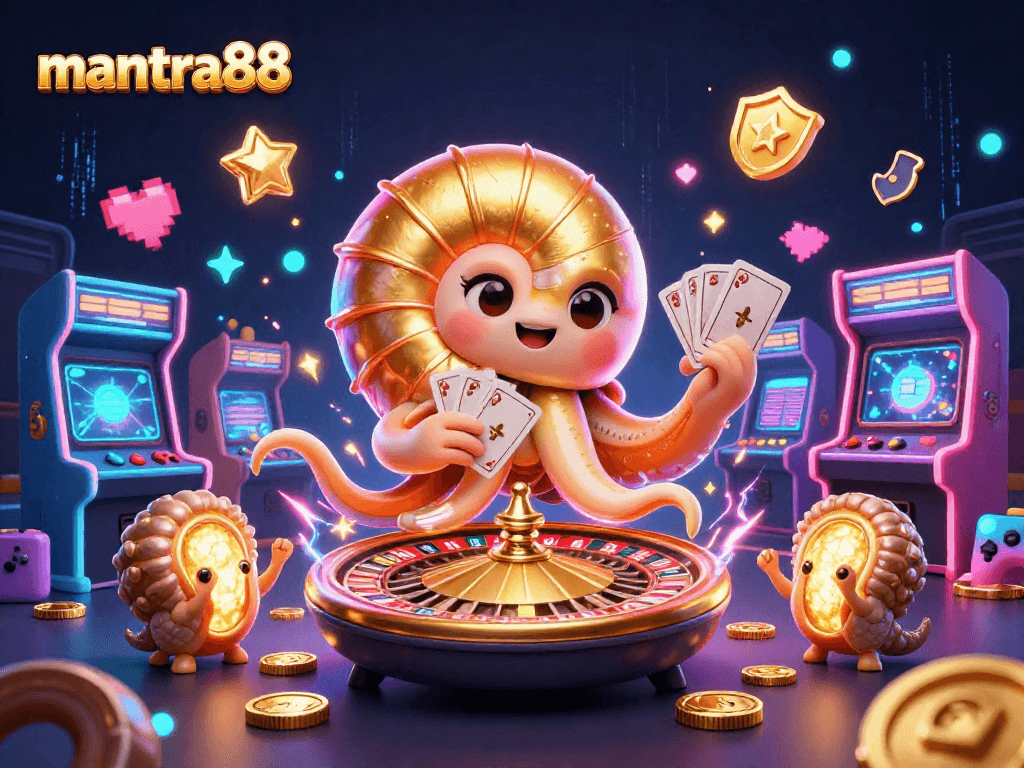 Experience the thrill of mantra88's slot games with a captivating 3D casino illustration.