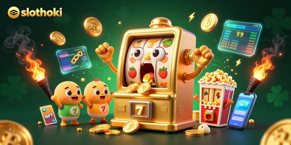 Slotoki menghadirkan mesin slot emas yang terkejut saat jackpot, dikelilingi oleh elemen kasino yang menarik.