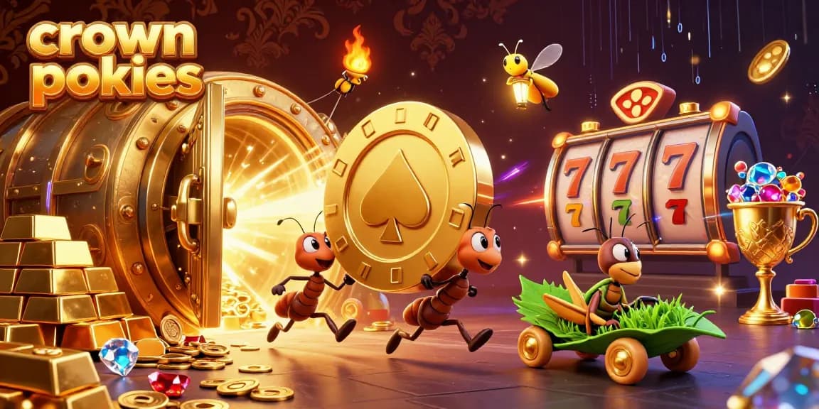 Engage with crown pokies as animated ants seize a massive golden chip in a thrilling casino heist scene.