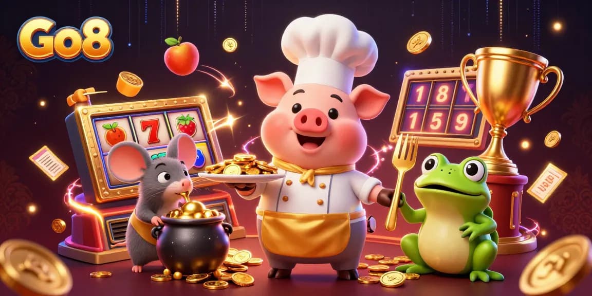 Win big at Go8 with a cartoon chef pig serving gold coins in a vibrant casino illustration.