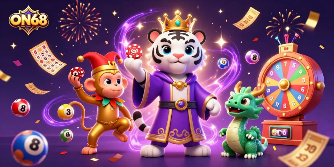 Experience ON68's exciting atmosphere with a colorful 3D casino scene showcasing dynamic game elements and characters.