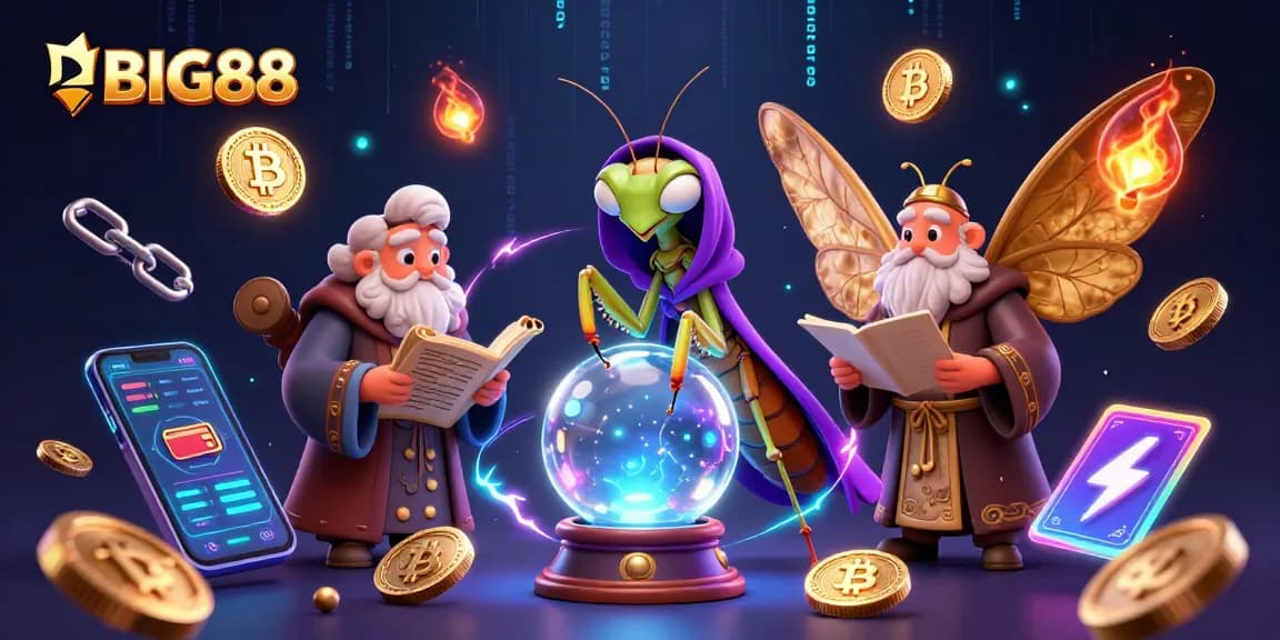 Engage with BIG88 at a captivating casino scene featuring fortune tellers and crypto elements.