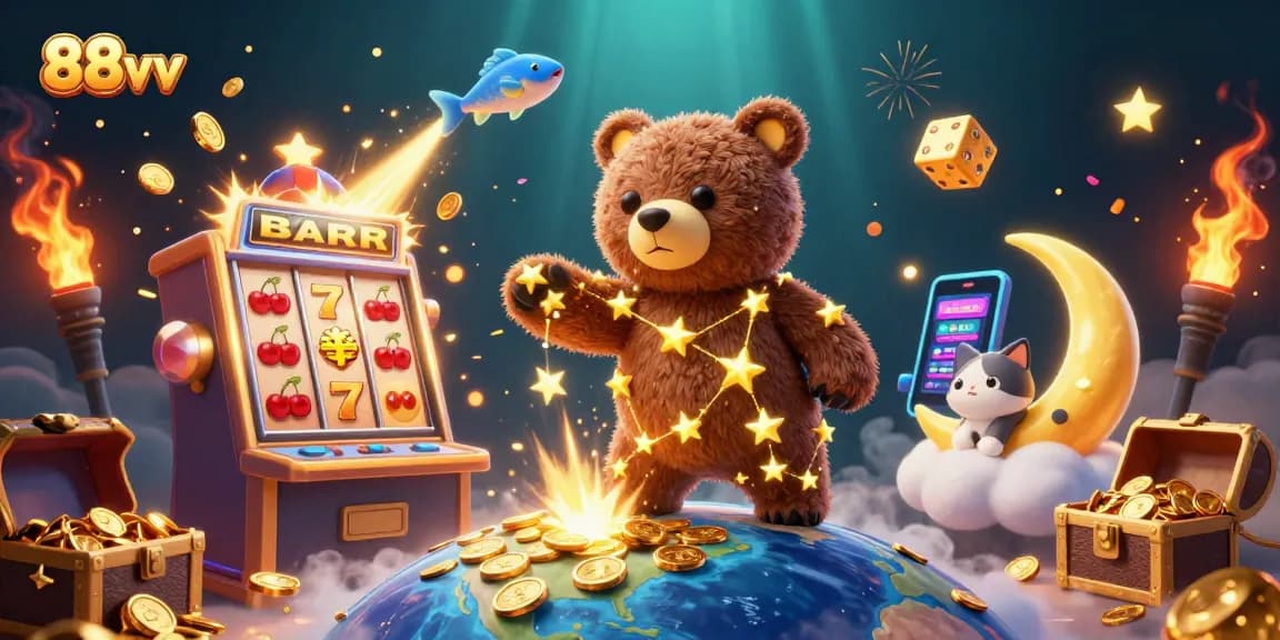 Engaging 3D illustration of 88vv casino elements showcasing jackpots and golden characters in vibrant scenery.