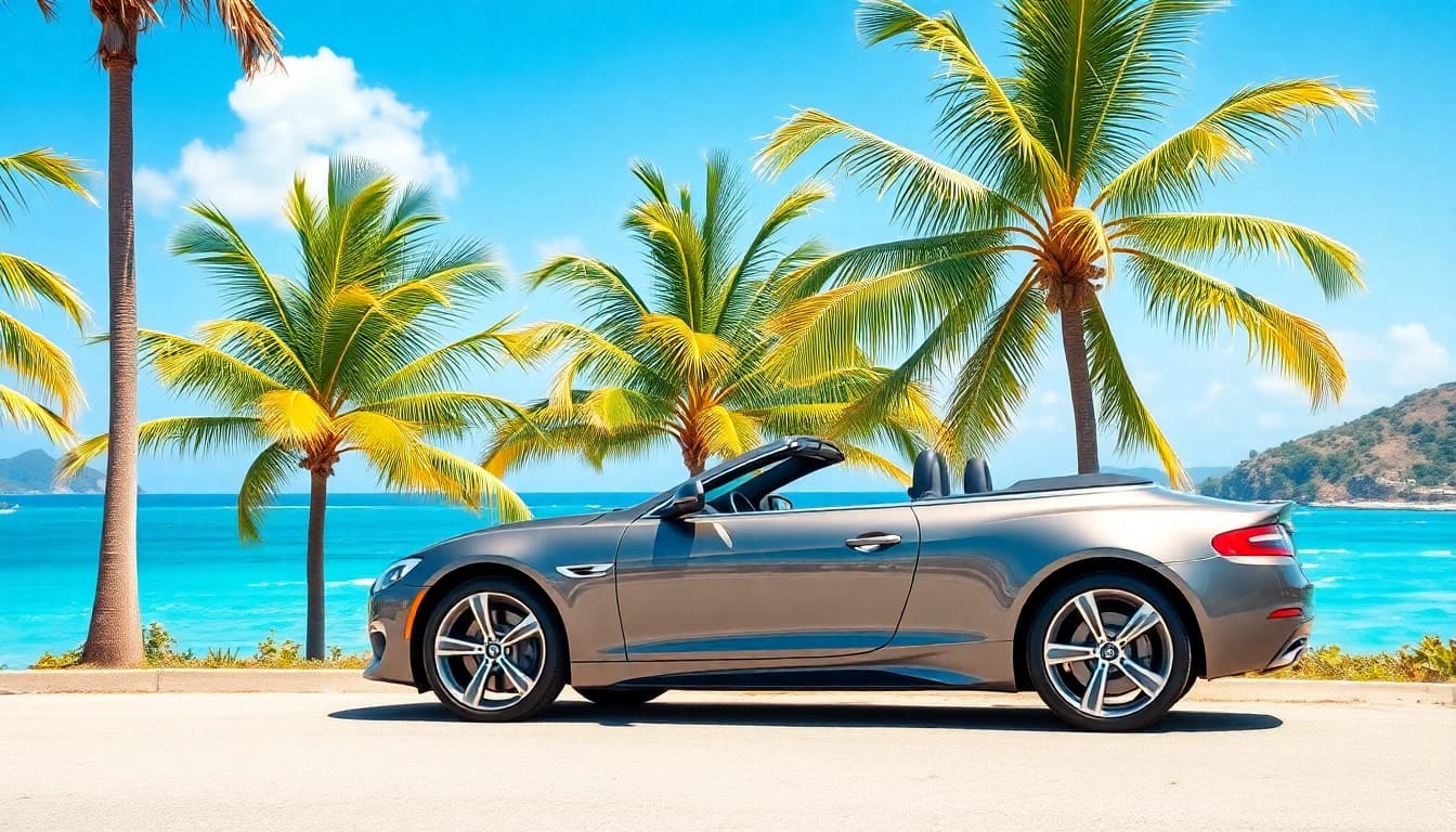 Car rental St Barts with a luxury convertible parked by a beautiful beach.