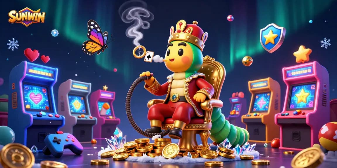 SUNWIN presents a vibrant casino scene with a caterpillar hookah-master, colorful game elements, and dynamic smoke effects.
