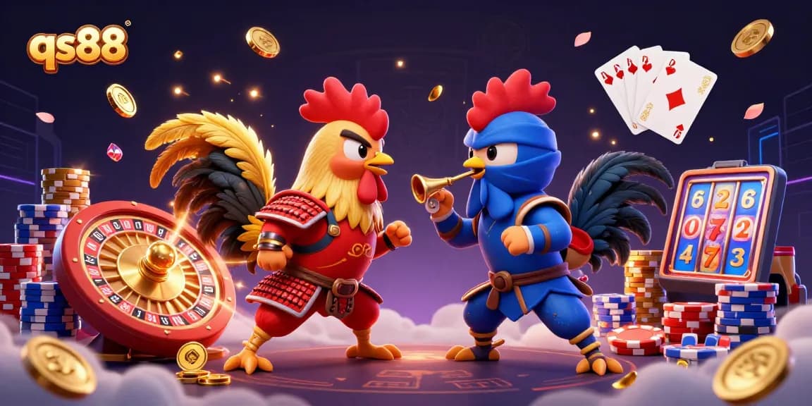 qs88 showcases thrilling rooster fights amidst gold coins and casino elements.