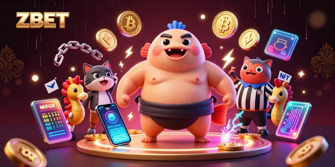 ZBET players engage in exciting underwater gambling with a dynamic fugu character, crypto coins, and colorful spectators.